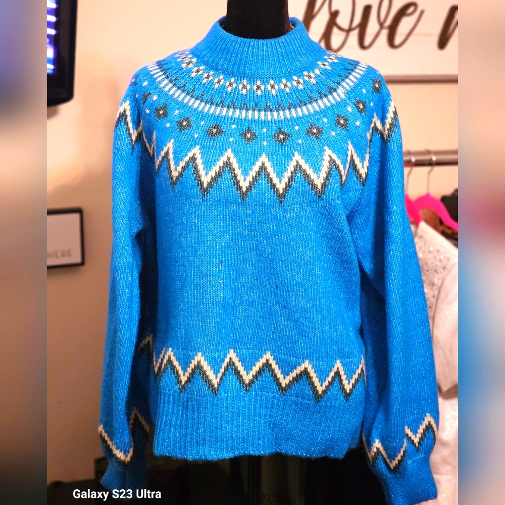 Who What Wear Womens Ski Fair Isle Blue Mock Turtleneck Sweater